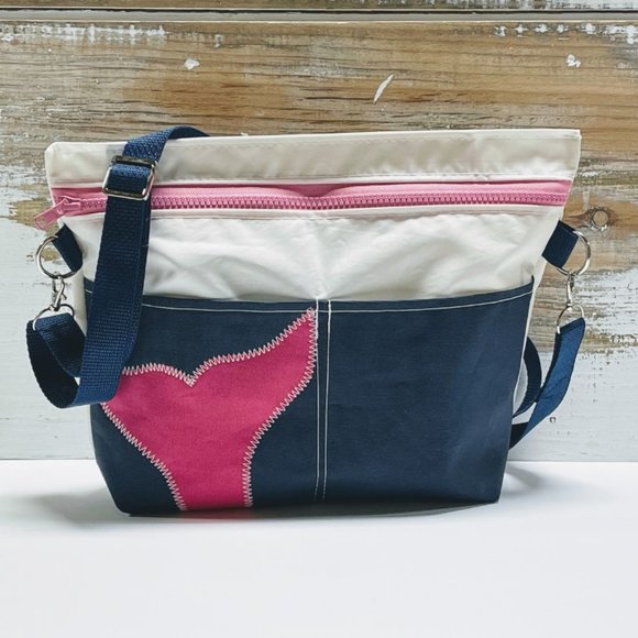 Recycled Sail Cloth Pink Whale Womens Crossbody Bag Handmade - Picture 1 of 5